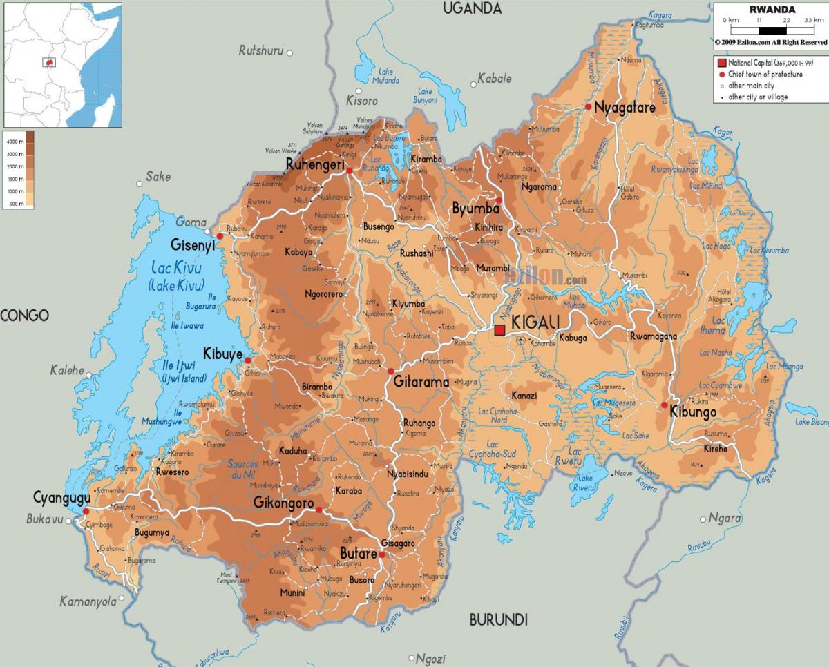 mapa fisikoa mapa Ruanda