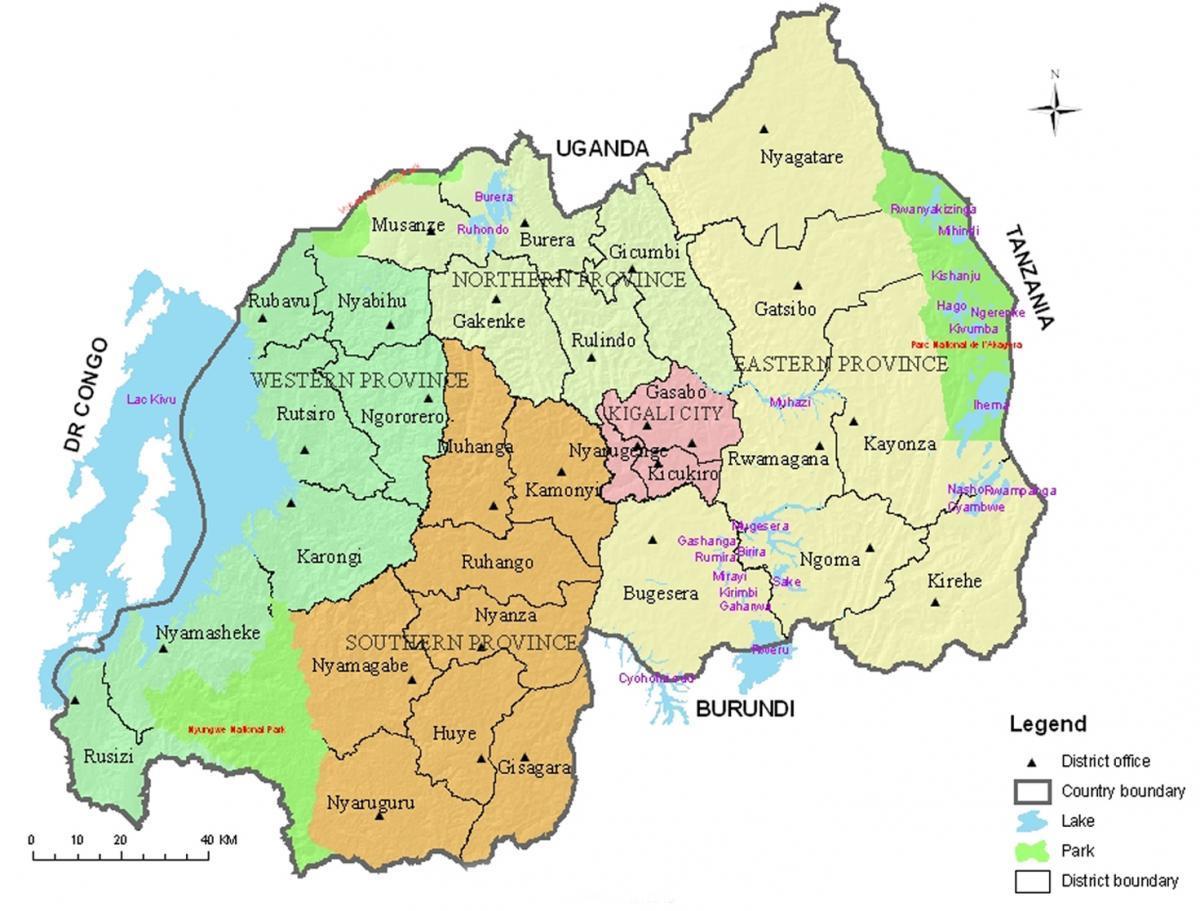 mapa Ruanda, eskualde eta sektore